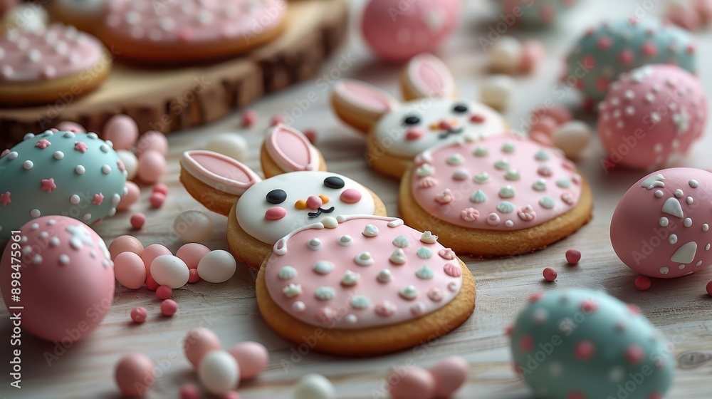 Festive Easter Bunny Cookies Surrounded by Eggs and Decorations Festive Easter Bunny Cookies Surrounded by Eggs and Decorations
