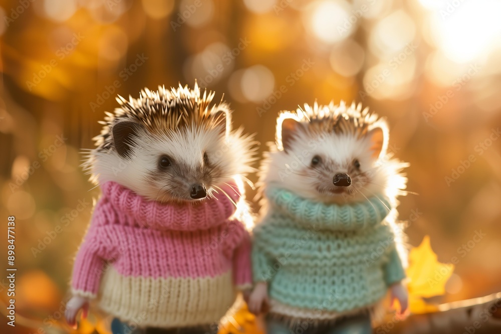 Fototapeta premium two real hedgehogs dressed in cosy warm sweaters and jeans in a scenic autumn fall forest
