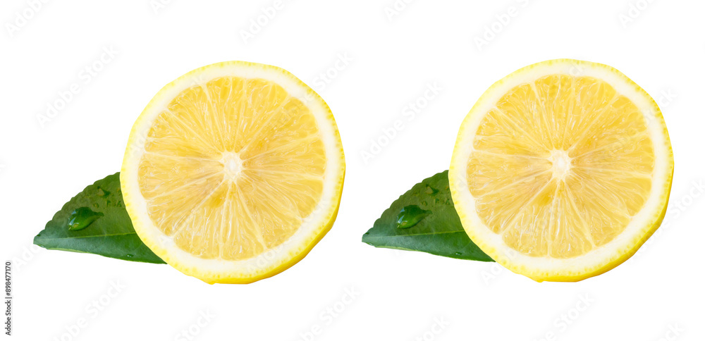 Top view set of yellow lemon fruit in halves with green leaves isolated on white background with clipping path Top view set of yellow lemon fruit in halves with green leaves isolated on white background with clipping path