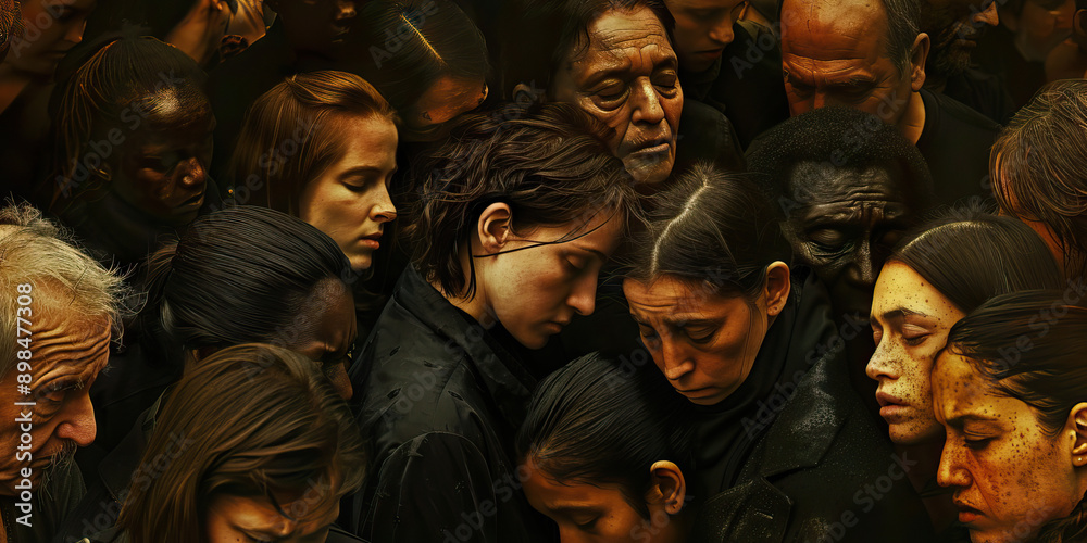 Tears of Remembrance: A group of mourners, their faces etched with sadness, huddled together in quiet solace. Tears of Remembrance: A group of mourners, their faces etched with sadness, huddled together in quiet solace.