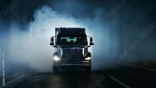 Truck Driving Through Fog on a Dimly Lit Road at Night.