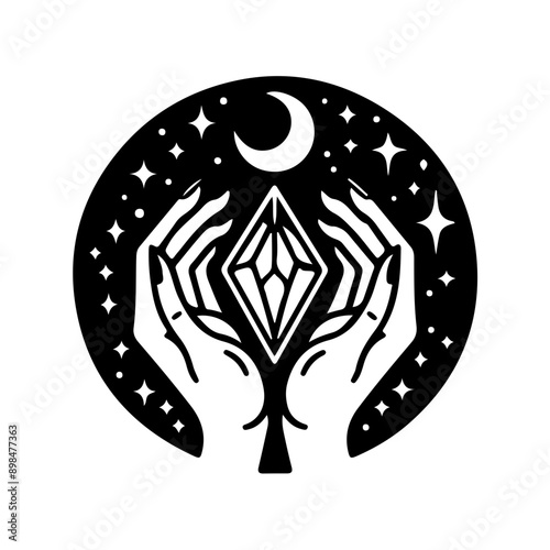 Magic crystal gem with crescent moon and stars in witch hands of fortune teller line art and dot work. Boho chic tattoo, poster or altar veil print design vector illustration
