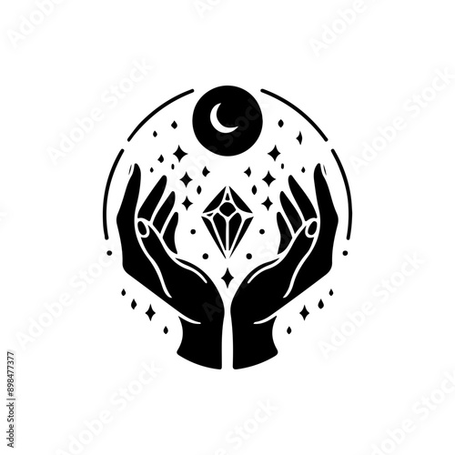 Magic crystal gem with crescent moon and stars in witch hands of fortune teller line art and dot work. Boho chic tattoo, poster or altar veil print design vector illustration