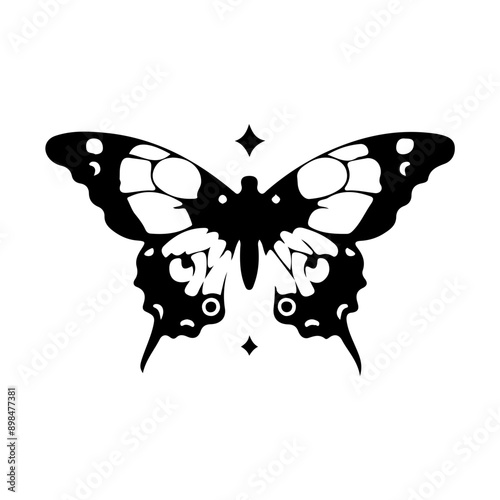 Bohemian Celestial butterfly tattoos, Silhouette Mystical occult symbols moth illustration.