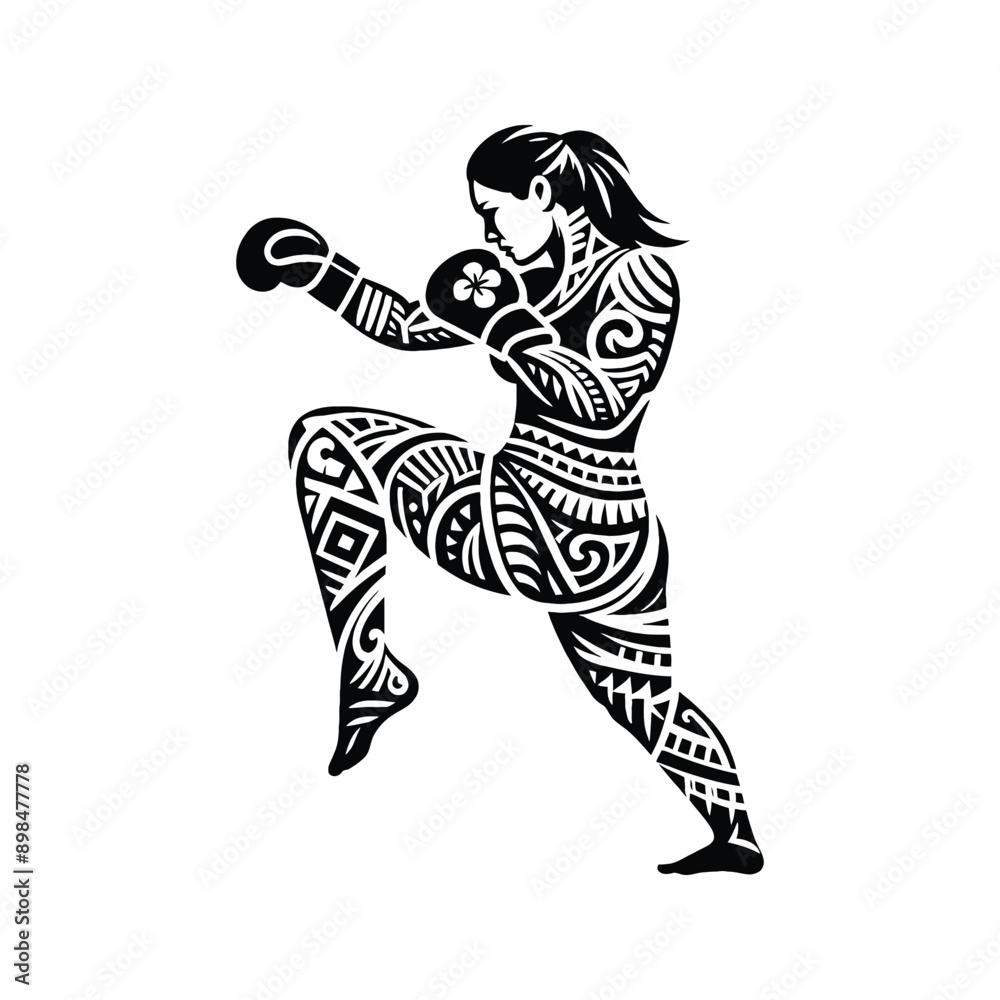 Boxing, Kickboxing female player in ethnic polynesia pattern illustration, emblem shield badge Boxing, Kickboxing female player in ethnic polynesia pattern illustration, emblem shield badge