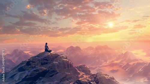 Meditating individual on a tranquil mountain peak at sunrise. Featuring serene surroundings and a clear sky. Emphasizing mindfulness and peace. Ideal for wellness and meditation content. © Berni