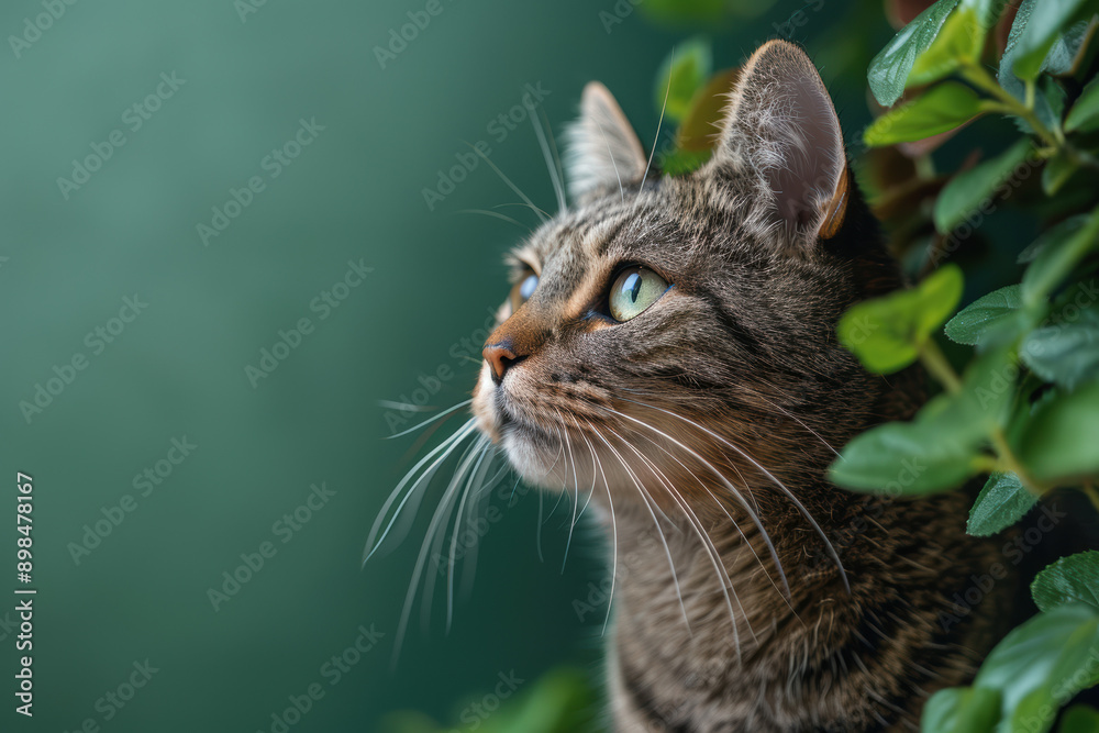 Fototapeta premium Beautiful tabby cat gazing attentively at something with a green background and leaves, showcasing its whiskers and striped fur.