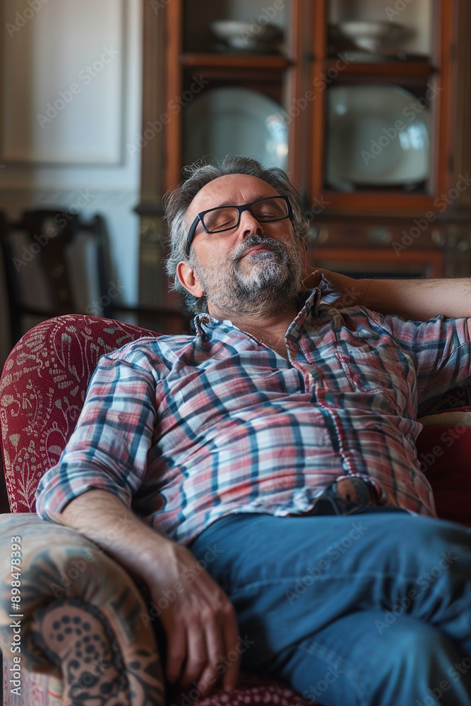 A relaxed man with glasses and a beard lounging on a comfortable armchair in a cozy room, enjoying a moment of rest and relaxation. A relaxed man with glasses and a beard lounging on a comfortable armchair in a cozy room, enjoying a moment of rest and relaxation.