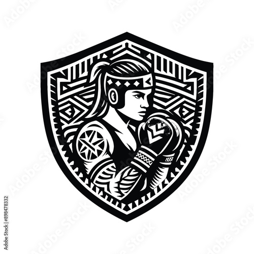 Boxing, Kickboxing   female player in ethnic polynesia pattern illustration, emblem shield badge