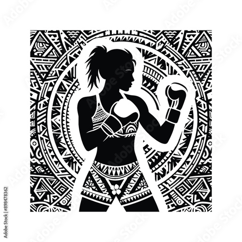 Boxing, Kickboxing   female player in ethnic polynesia pattern illustration, emblem shield badge