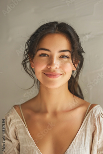 Wallpaper Mural Portrait of a young woman with a natural, radiant smile and a soft, warm background, conveying happiness and natural beauty. Torontodigital.ca