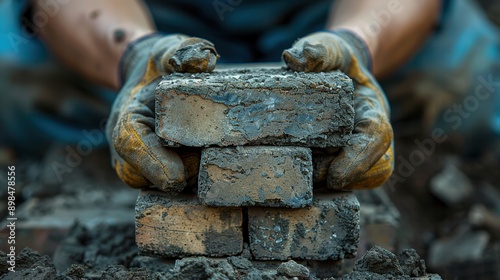 A close-up image showing a person wearing construction gloves while stacking weathered bricks, highlighting a labor-intensive and rugged construction setting