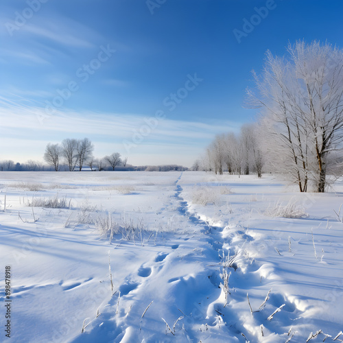 Ethereal Snow-covered Rural Landscape during Early Winter – A Fresh Blanket of Snow Emanating a Tranquil Solitude