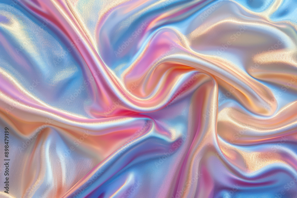 A close-up shot of iridescent, silky satin fabric showcasing a blend of pastel hues, highlighting its smooth texture and elegant draping patterns.