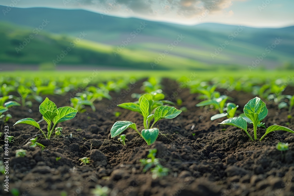 Young Plants Thriving in Fertile Soil with Scenic Mountain Backdrop Young Plants Thriving in Fertile Soil with Scenic Mountain Backdrop
