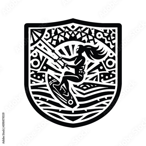 Kitesurfing, Wakeboarding   female player in ethnic polynesia pattern illustration, emblem shield badge