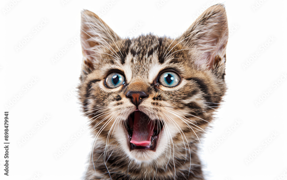 Naklejka premium Close-up of an adorable tabby kitten with blue eyes, mouth open in a cute expression. White background. Perfect for cat lovers and pet-related content.
