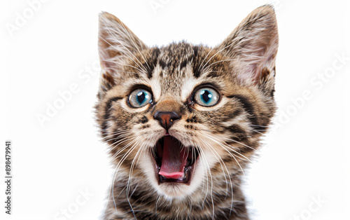 Close-up of an adorable tabby kitten with blue eyes, mouth open in a cute expression. White background. Perfect for cat lovers and pet-related content. photo