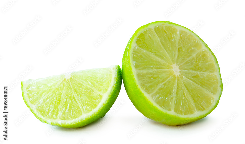 Front view of fresh green lemon fruit in half and slice or quarter isolated on white background with clipping path Front view of fresh green lemon fruit in half and slice or quarter isolated on white background with clipping path