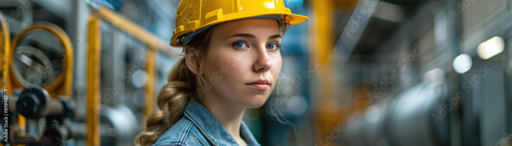 A serious young woman in a yellow hard hat stands in an industrial setting, looking directly at the camera. She wears a denim jacket and has blonde hair. A serious young woman in a yellow hard hat stands in an industrial setting, looking directly at the camera. She wears a denim jacket and has blonde hair.