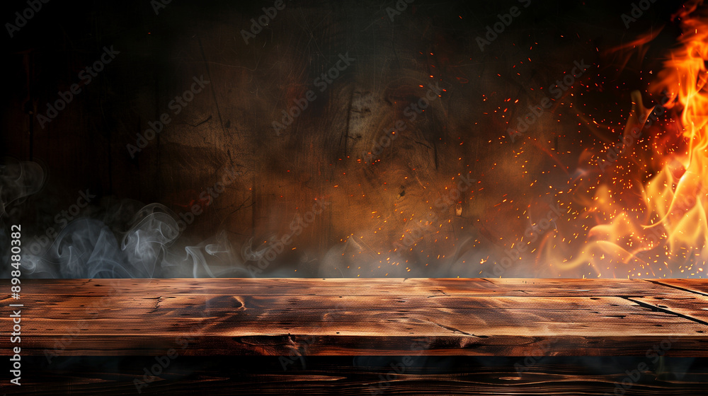Blank wooden table with fire burning at the edge of the table, background for products Blank wooden table with fire burning at the edge of the table, background for products