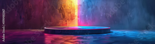 Colorful illuminated platform with abstract neon light background, vibrant atmosphere, futuristic stage design, perfect for creative, tech, and event visuals.