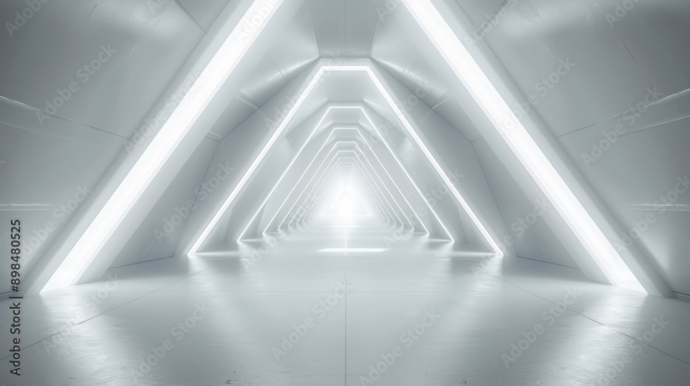 Futuristic white neon-lit corridor with triangular arches, creating a modern and sleek sci-fi atmosphere, and leading to a bright vanishing point.