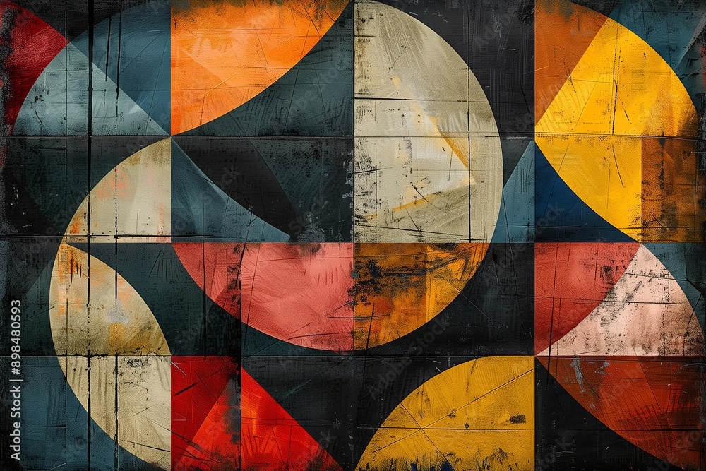 Naklejka premium Abstract Geometric Painting With Orange, Yellow, Red, and Blue Circles