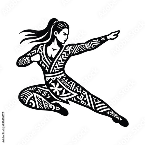 kungfu, Tai Chi  female player in ethnic polynesia pattern illustration, emblem shield badge
