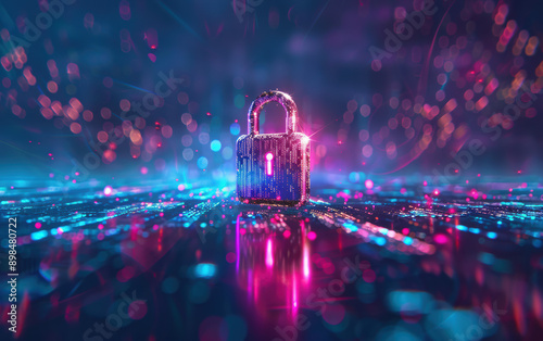 Digital padlock on a neon-lit background, symbolizing cyber security and data protection in a futuristic, digital environment.