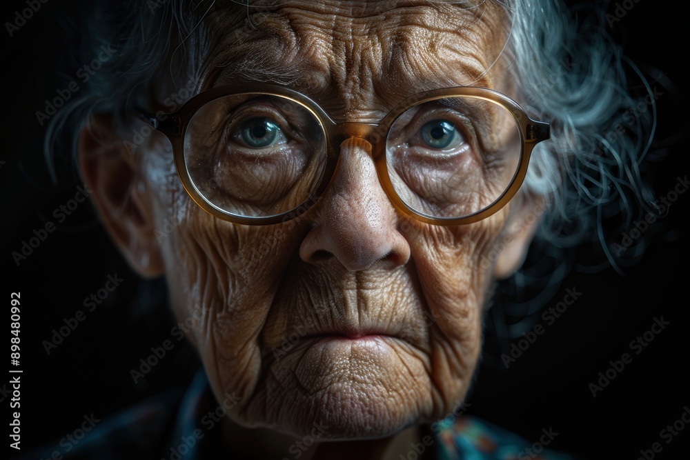 An intimate and poignant close-up portrait of an elderly person with deep wrinkles, wearing large round glasses and a reflective expression, captured against a dark background An intimate and poignant close-up portrait of an elderly person with deep wrinkles, wearing large round glasses and a reflective expression, captured against a dark background