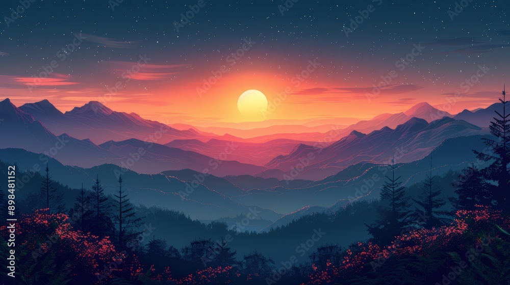 Majestic Mountain Sunset: A Tranquil Landscape Painting Majestic Mountain Sunset: A Tranquil Landscape Painting