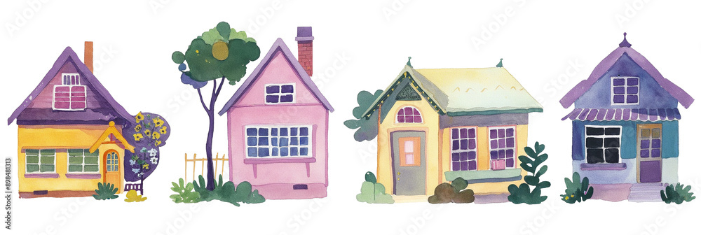Fototapeta premium Watercolor little village on white background. Summer meadow. Illustration for card, border, banner or your other design. Cute watercolor buildings and trees. Trendy scandinavian background.