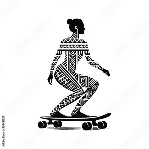 Skateboarding, longboarding  female player in ethnic polynesia pattern illustration, emblem shield badge