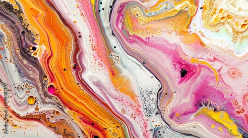 Acrylic paint mixing forming abstract background with bubbles