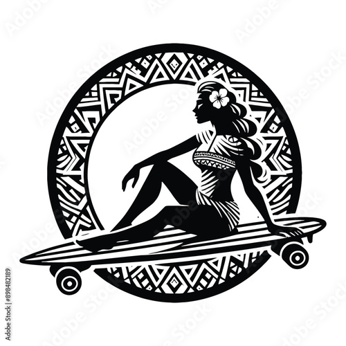 Skateboarding, longboarding  female player in ethnic polynesia pattern illustration, emblem shield badge