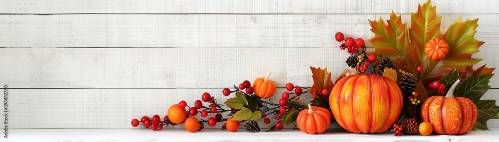 Seasonal still life with autumn leaves and pumpkins, warm and festive Seasonal still life with autumn leaves and pumpkins, warm and festive