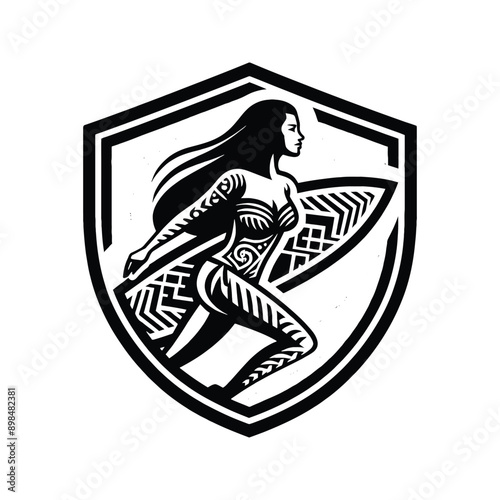 Wallpaper Mural Skateboarding, longboarding  female player in ethnic polynesia pattern illustration, emblem shield badge Torontodigital.ca