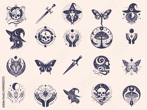 Set of mystical symbols, moon phases, crystals, witchy hands, crystal balls, wolf, mushroom, poison, celestial tattoo silhouette