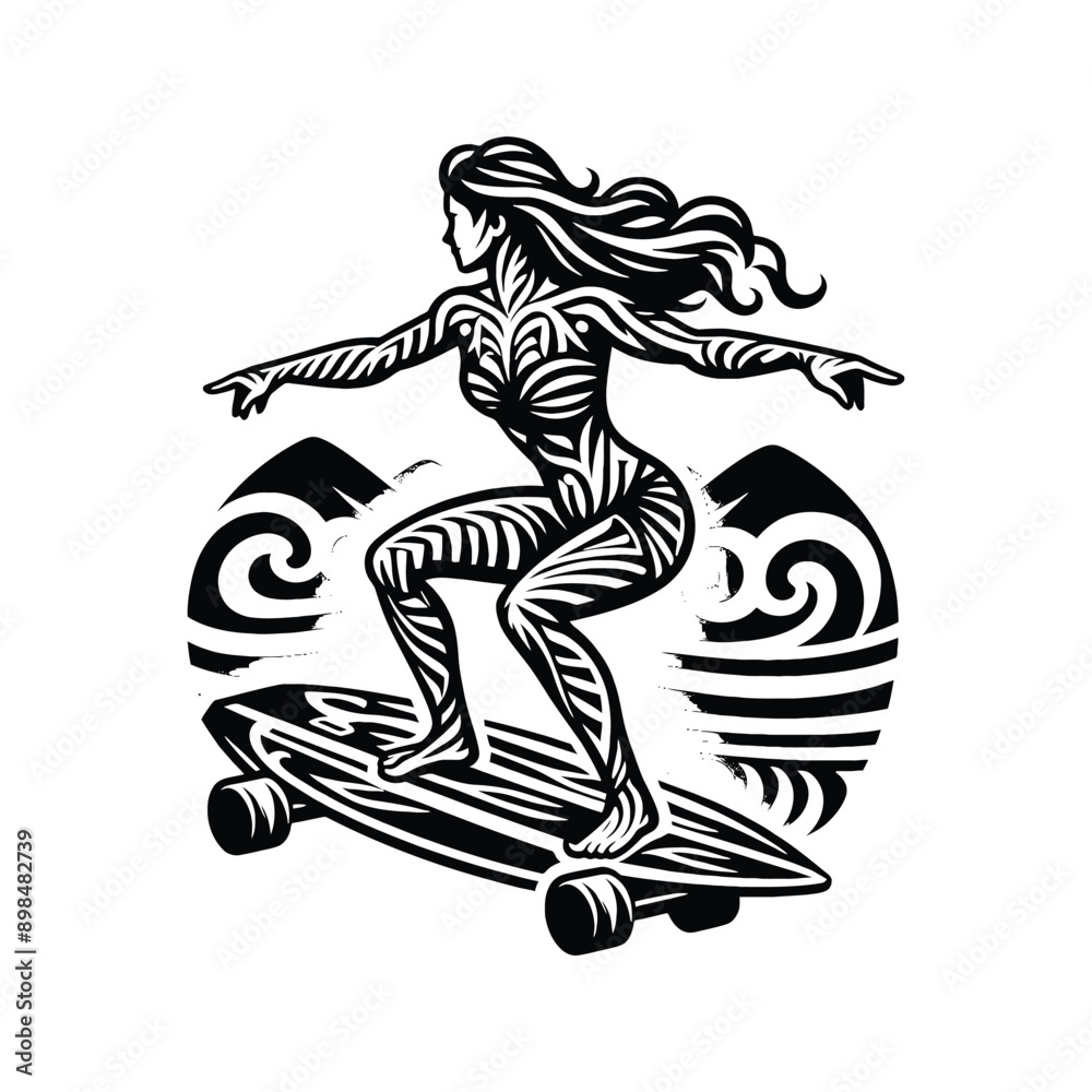 Skateboarding, longboarding  female player in ethnic polynesia pattern illustration, emblem shield badge