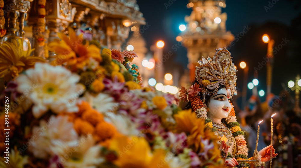 Fototapeta premium Lord Krishna at the festival of Krishna Janmashtami, decorated with flowers and jewels, surrounded by devotees singing and dancing with great devotion, Ai generated Images