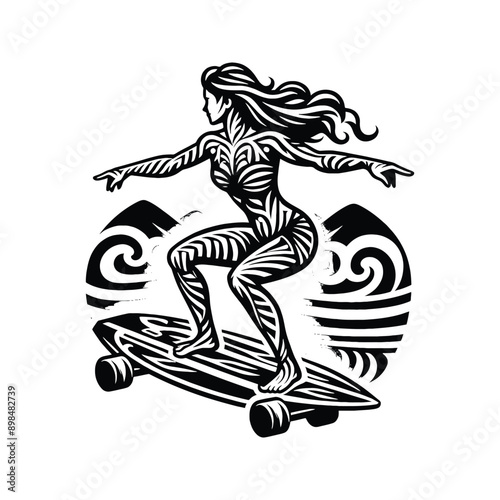 Skateboarding, longboarding  female player in ethnic polynesia pattern illustration, emblem shield badge