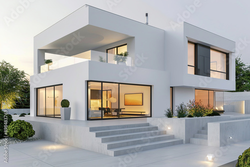 Modern white two-story house with large windows and minimalist design