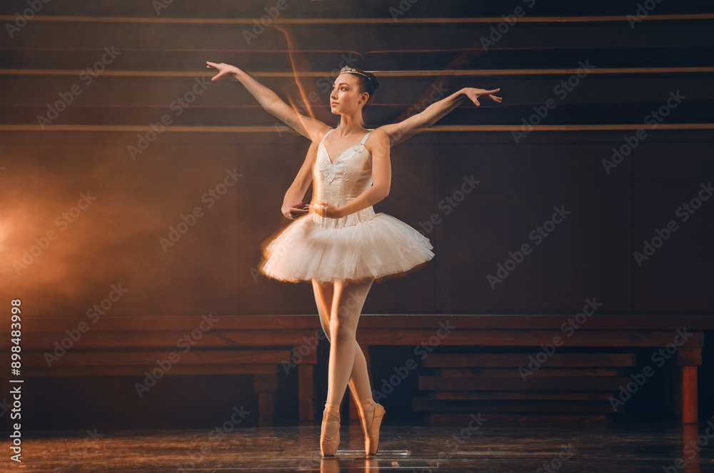 Double exposure, ballet and theater with woman on stage for performance, recital or rehearsal. Art, creative and dance with confident ballerina in dark studio for balance, elegance or passion Double exposure, ballet and theater with woman on stage for performance, recital or rehearsal. Art, creative and dance with confident ballerina in dark studio for balance, elegance or passion
