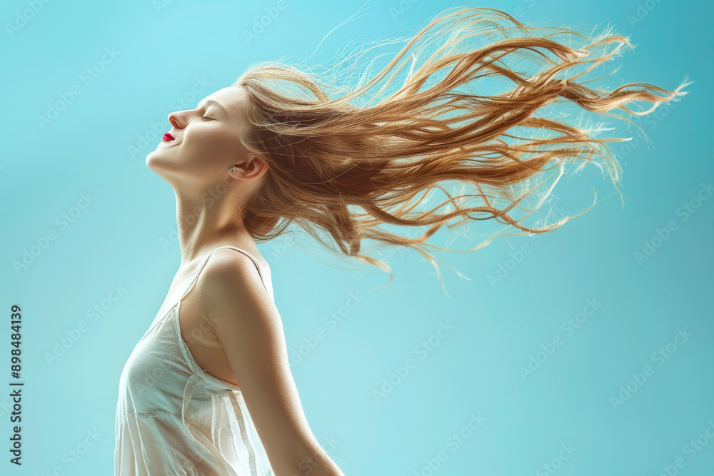 Naklejka premium Portrait of a nice young girl with her arms thrown back, causing her hair to fly, wearing a top and isolated on a blue background. The scene captures a vibrant and joyful moment. AI generated.
