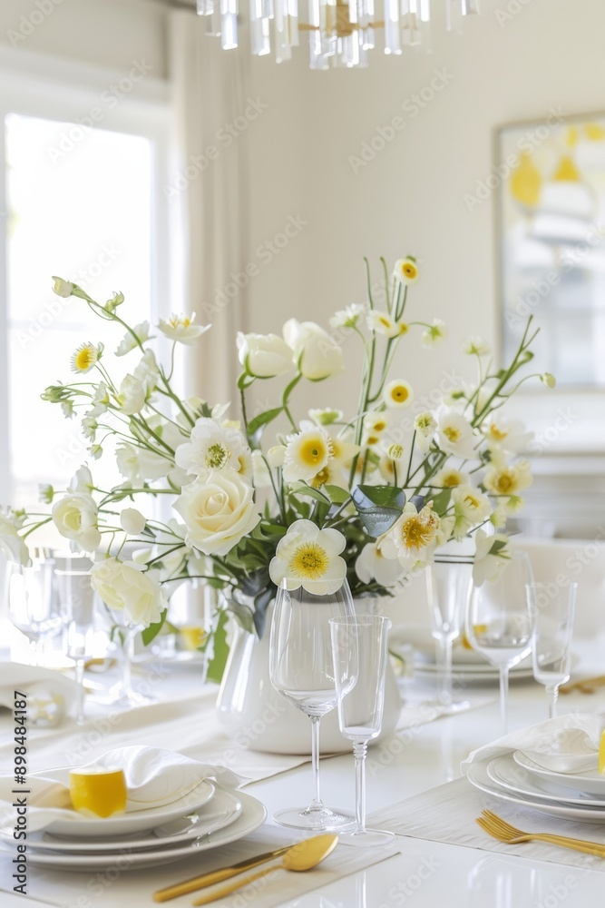 Elegant table setting with white and yellow flowers in vase Elegant table setting with white and yellow flowers in vase