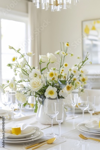 Elegant table setting with white and yellow flowers in vase