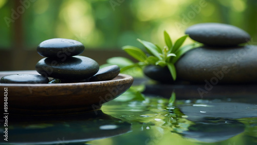 Zen stones stacked in a peaceful spa setting with water, reflecting balance and relaxation