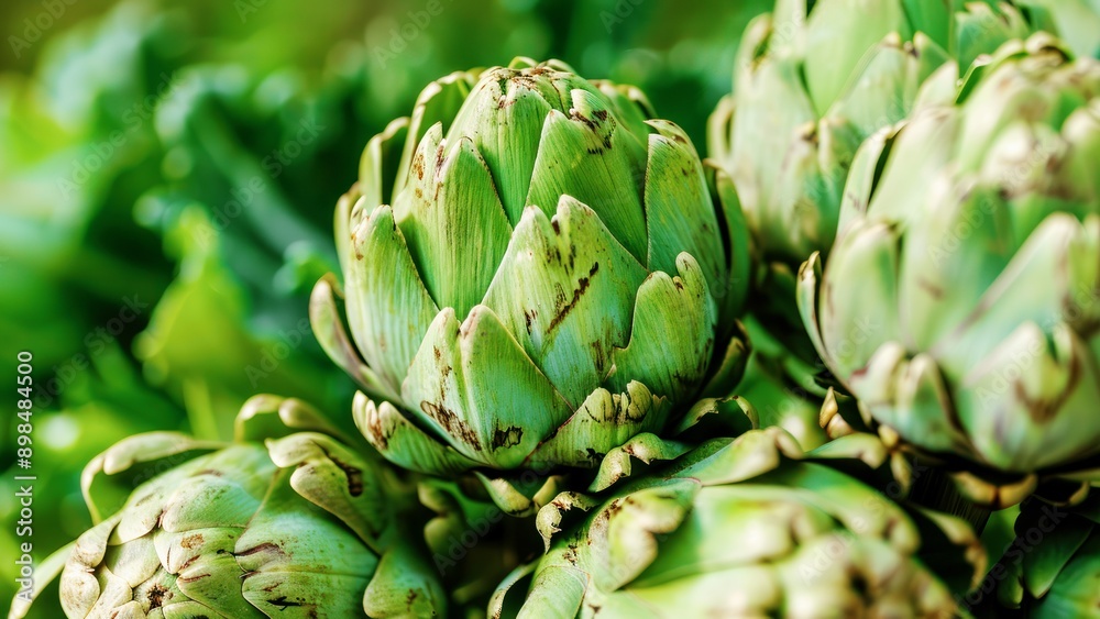 close-up of fresh artichokes in a garden close-up of fresh artichokes in a garden