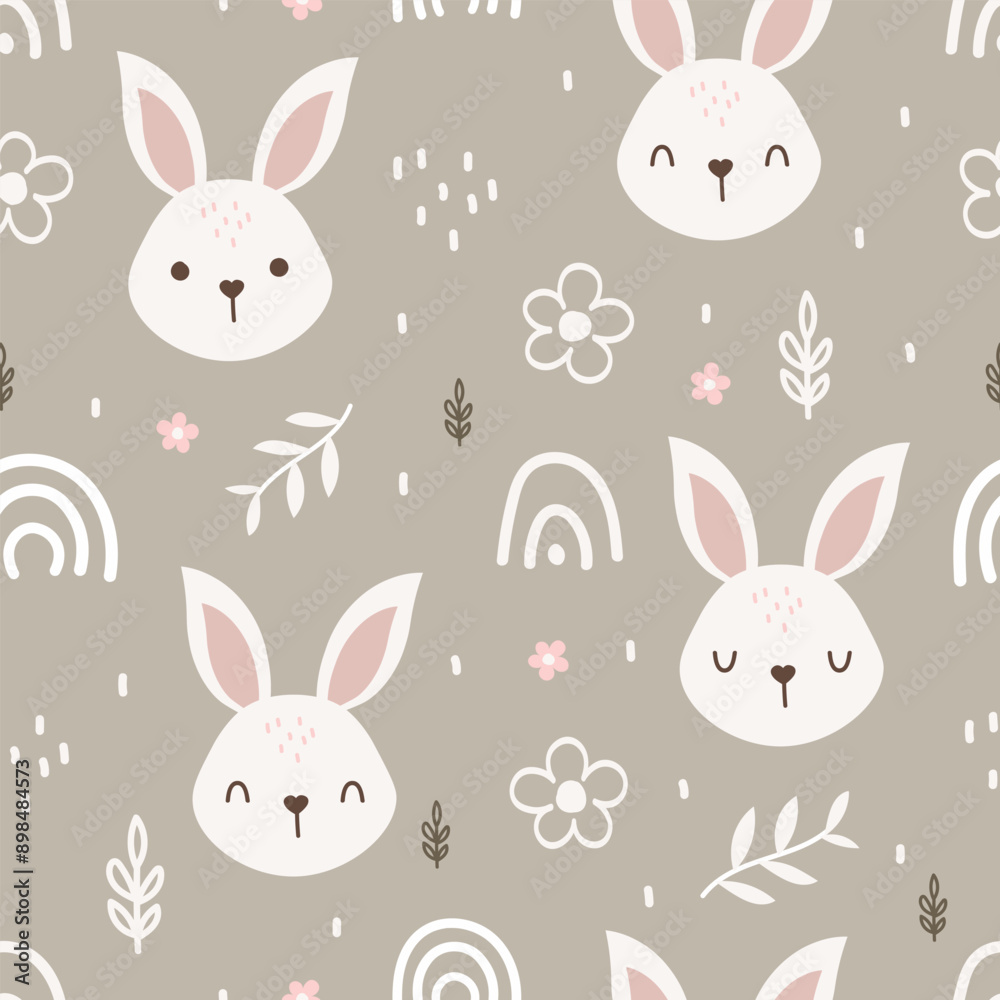 Fototapeta premium Seamless pattern with cute rabbit and forest. Cartoon animal background. For fabric, wallpaper, textile, wrapping, kida apparel design. Animal vector illustration